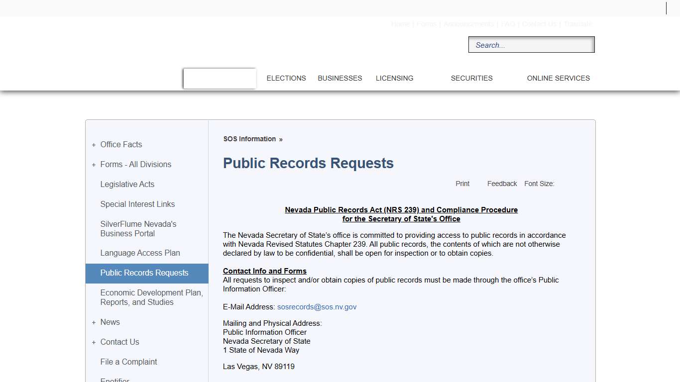 Public Records Requests | Nevada Secretary of State