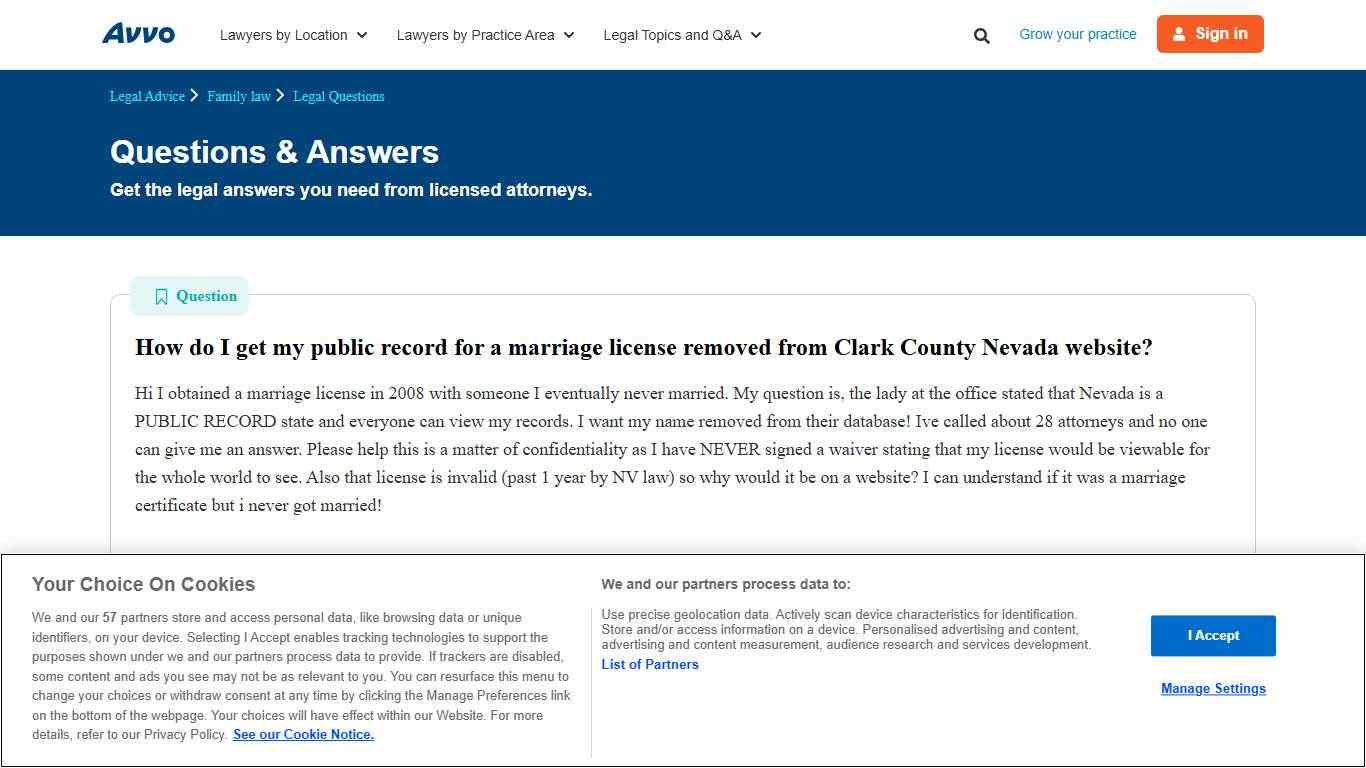 How do I get my public record for a marriage license removed from Clark County Nevada website? - Legal Answers