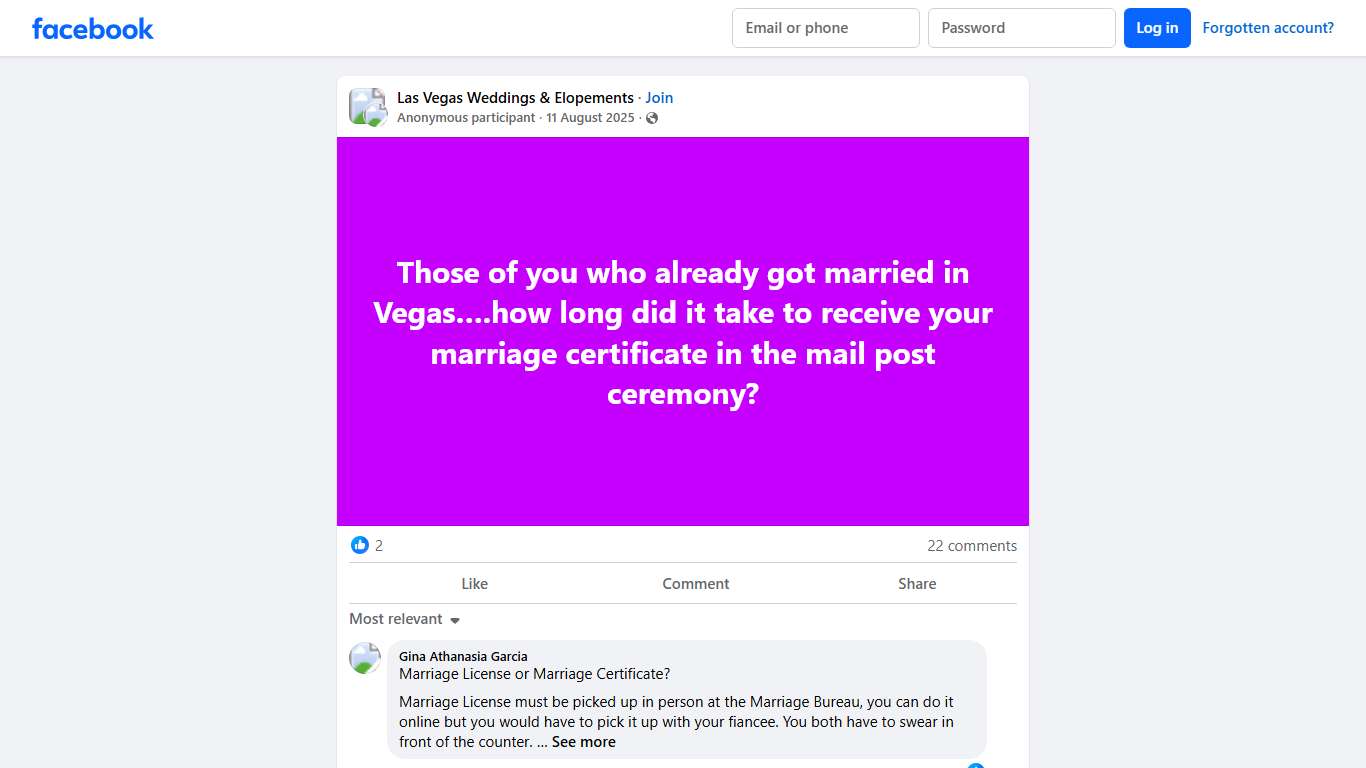 Las Vegas Weddings & Elopements | Those of you who already got married in Vegas….how long did it take to receive your marriage certificate in the mail post ceremony | Facebook